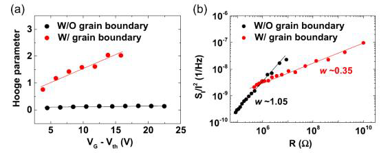 결정립계면을 포함한 부분과 포함하지 않은 MoS2 전게효과 트랜지스터의 후지 변수와 저항과 전기적 노이즈의 멱급수 관계 (Nanotechnology, 28, 47LT01 (2017))