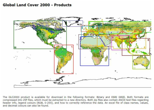 토지 피복 데이터 - Global Land Cover 2000 (http://forobs.jrc.ec.europa.eu/products/glc2000/products.php)