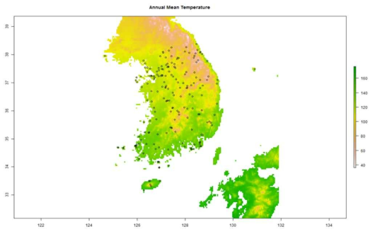 산왕거미의 현재 분포도 및 대한민국의 연간 평균 기온