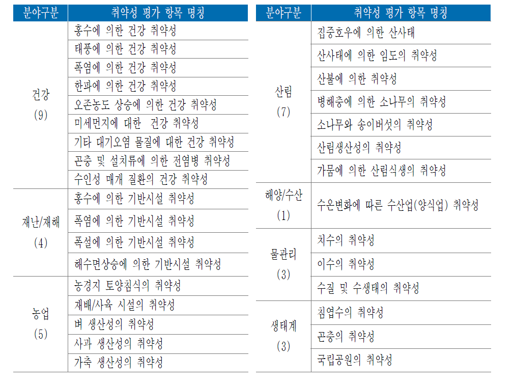 7개 분야 32개 취약성평가 항목