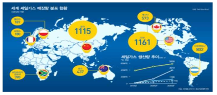 셰일가스의 전 세계 매장량 분포 (출처: 에너지정책연구원)