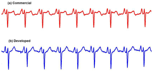 패치형 심전도 측정 시스템과 상용화된 시스템을 사용하여 측정된 ECG 파형