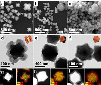 (a) HOH Au-꼭짓점-Cu2O 하이브리드 나노구조, (b) HOH Au-꼭짓점 제외-Cu2O 하이브리드 나노구조, (c) HOH Au@Cu2O 코어-쉘 나노구조의 SEM 이미지. (d,e,f) 그에 해당하는 TEM 이미지와 3차원 모델 및 (g,h,i) HAADF-STEM-EDS mapping 이미지