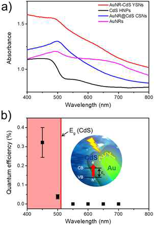 Au nanorod와 Au nanorod-CdS 요크-쉘 하이브리드 아키텍처의 (a) UV-vis 스펙트럼과 (b) 파장대별 광촉매 활성