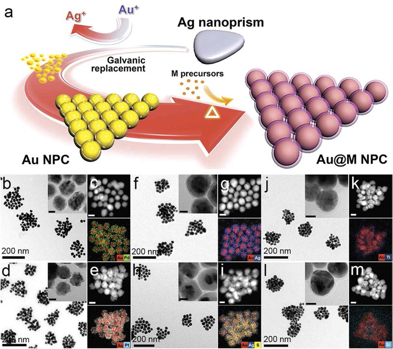 (a) 이종소재 하이브리드 나노구조 어셈블리 합성 과정 모식도. 이종소재 나노입자 어셈블리의 TEM 이미지: (b) Au@Pd, (d) Au@Pt, (f) Au@Ag, (h) Au@Ag2S, (j) Au@TiO2, (l) Au@SiO2 및 HAADF-STEM-EDS 원소분석 이미지: (c) Au@Pd, (e) Au@Pt, (g) Au@Ag, (i) Au@Ag2S, (k) Au@TiO2, (m) Au@SiO2