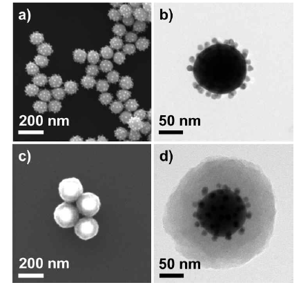 (a,b) Au@TiO -Au 어셈블리, (c,d) Au core-satellite 어셈블리@TiO2 하이브리드 아키텍처의 (a,c) SEM, (b,d) TEM 이미지