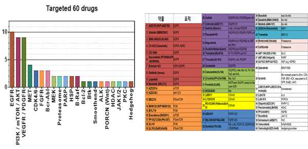 60종의 표적 약물의 리스트 및 타겟 분류