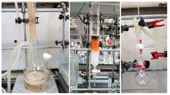 화합물의 합성을 위한 환류 과정 (왼쪽)과 컬럼 관 크로마토그래피를 통한 분리 (가운데) 및 진공펌프를 통해 건조 (오른쪽)