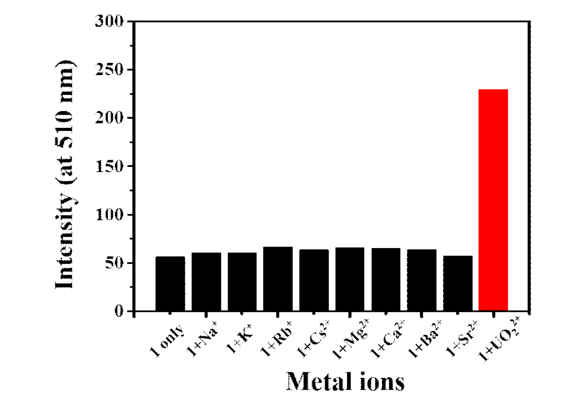 리간드 B (1 only)와 다양한 금속 이온 (Na+, K+, Rb+, Cs+, Mg2+, Ca2+, Ba2+, 및 Sr2+)을 첨가한 B의 510nm 에서의 형광 스펙트럼의 세기 값을 나타낸 막대 그래프