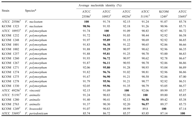 Average nucleotide identity values for the six type strains and each strain of Fusobacterium spp