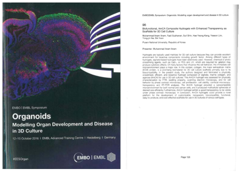 독일 Organoids 2016 학회의 초록집 및 복합 하이드로겔을 이용한 3차원 세포 배양에 관련된 포스터발표 자료