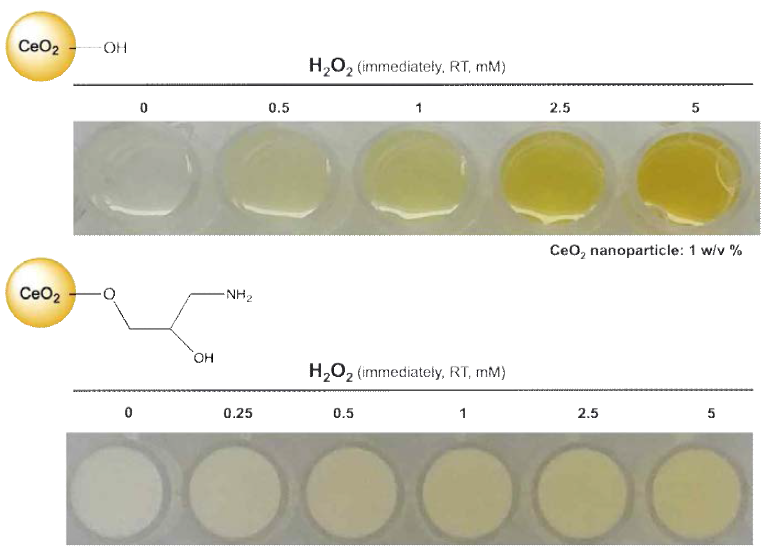 CeO2-OH 및 CeO2-NH2에 대한 다양한 농도의 H2O2 농도에 대한 발색 결과