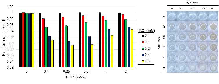 0.6 mM 농도 이하의 과산화수소와 다양한 농도(0~2w/v%)에서 CNP의 발색 가능성 평가