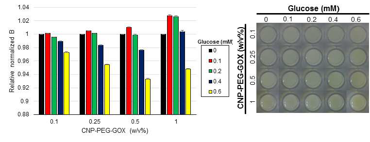 다양한 포도당 농도(0~0.6mM)에서 CNP-PEG-GOX 나노복합체의 농도에 따른 발색변화