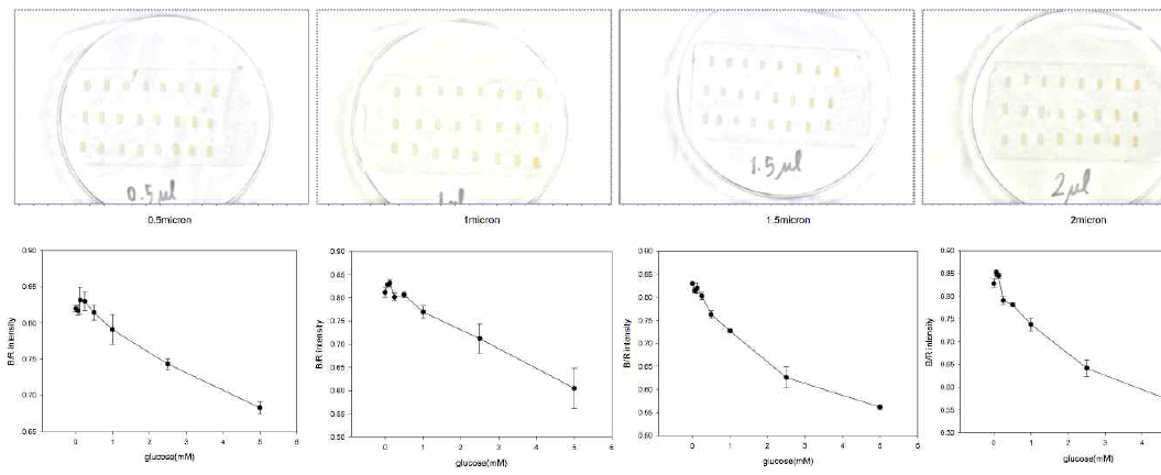 2 mm x 0.5 mm 종이센서 면적에서 포도당 농도 변화에 따른 RGB 발색 분석 결과