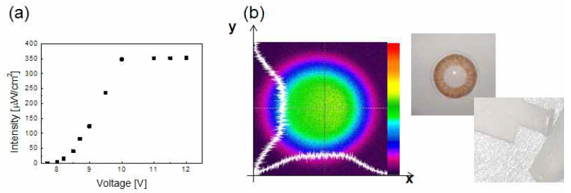 (a) 전압에 따른 indirect co-axial illumination의 intensity 그래프 및 (b) beamprofile 형태와 조명에 따른 샘플 이미지