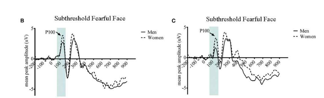 O1과 O2에서 여성과 남성의 ERP 파형 차이