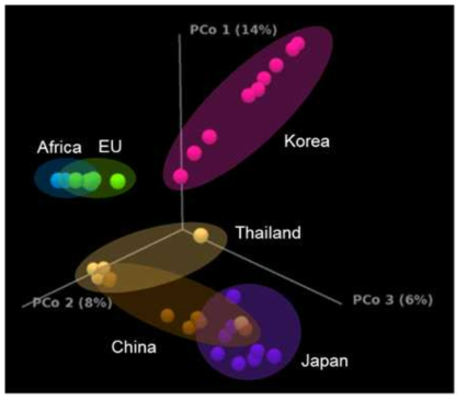 7개의 국가의 영유아 장내 균총 비교 분석