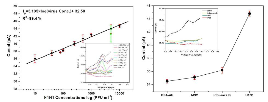 (좌) PBS용액 내 H1N1 바이러스의 농도가 10~104PFUml-1로 변화할 때의 전류 값과 타액 샘플에서 의 값에 대한 검량선 (우) 센서의 선택성을 측정 하기 위한 그래프