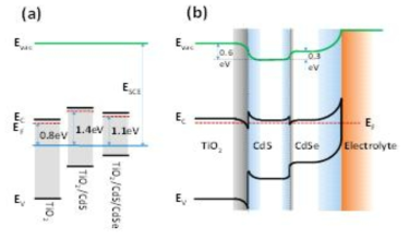 (a) The relative Fermi level of TiO2, CdS, and CdSe layers as measured by the flat-band potentials for T2, TC3, and TCS structures, respectively. (b) The equilibrium band diagram of TCS immersed in the electrolyte. The heterojunctions are featured by the depletion and accumulation regions (shaded) forming the spiking energy barriers. Neutral regions (clear) may exist for thick layer thickness and high doping