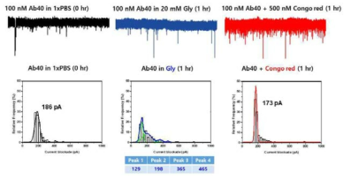 Aβ (1-40) 의 fibril 형성정도 및 약물 저해효과에 대한 nanopore 통과 실험