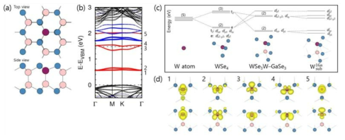 (a) atomic structure, (b) electronic structure, (c) crystal field splitting, and (d) charge density for WGa