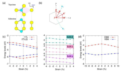 (a) Atomic structure and (b) Brillouin zone. Strain에 따른 VBM과 CBM의 변화: (c) biaxial and (d) uniaxial strain