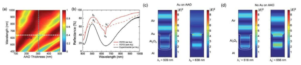 (a) 반사도를 표준화한 시뮬레이션 결과로 AAO 템플릿의 두깨와 빈 공간과 커플된 플라즈모닉 구조에서의 파장을 시뮬레이션 한 결과이다. (b) 파장과 반사도를 FDTD로 시뮬레이션한 결과임. (C), (d) AAO 위에 금속의 여부에 따른 차이를 FDTD 시뮬레이션한 결과임. RSC Advances, 5(125), 103052-103059 (2015)