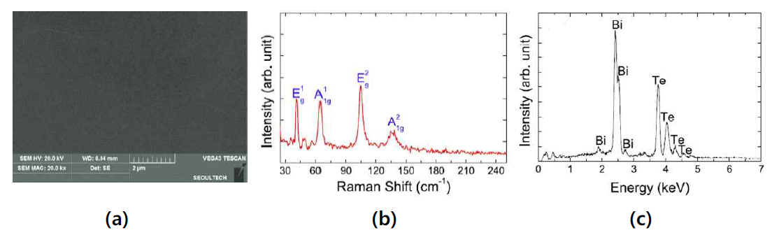 Bi2Te3 TI 의 (a) SEM 사진 (b) 라만 분광 그래프 (c) EDS 그래프