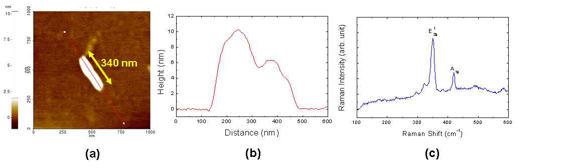 WS2의 (a) AFM 사진 (b) Line-profile c) 라만 분광 그래프