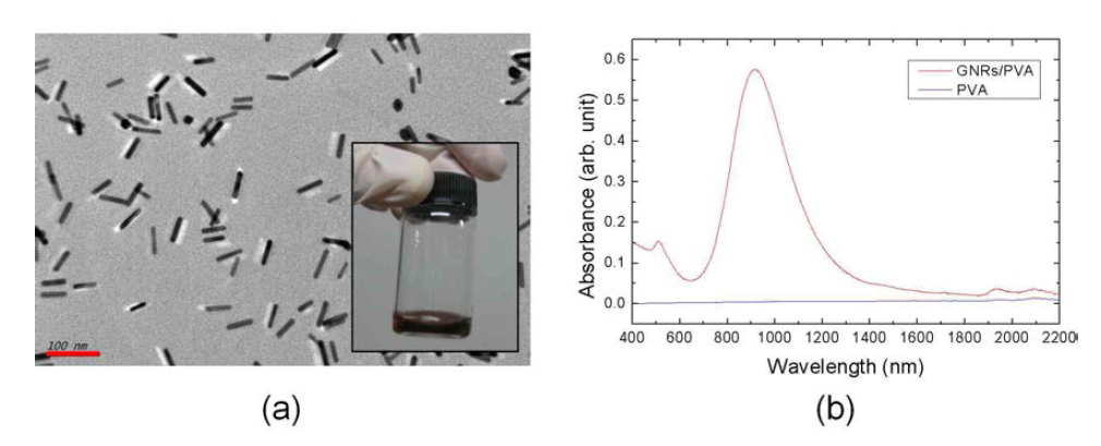 (a) 금나노막대 TEM 사진. (b) 금나노막대/PVA 혼합물의 흡수 그래프