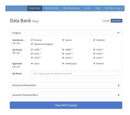 Data Bank 페이지를 통해 6,423명의 케이스로부터 연구에 필요한 데이터 트랙에 대해 각종 조건을 걸어 다운로드받을 수 있다