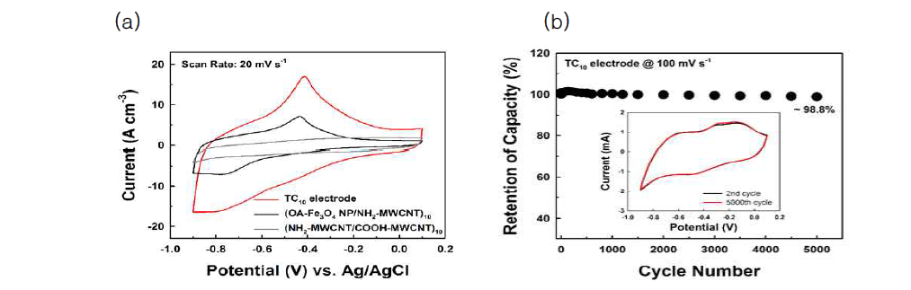 (a) TC10, (OA-Fe3O4/NH2-MWCNT)10 와 (NH2-MWCNT/COOH-MWCNT)10 의 20mV s-1 에서의 에너지 용량 비교 그래프 (b) 100mV s-1에서 5000 cycles 이후의 구동 안정성 그래프
