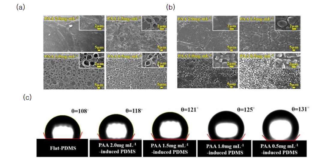 (a) PAA 농도에 따라 제작된 PAA/PAH 다층박막의 산 처리 후 표면을 SEM으로 분석한 이미지 (b) 이를 몰드로 제작된 PDMS의 표면을 SEM으로 분석한 이미지 (c) PAA 농도에 따라 제작된 PAA/PAH 다층박막의 소수성을 비교하기 위해 물 접촉각 이미지