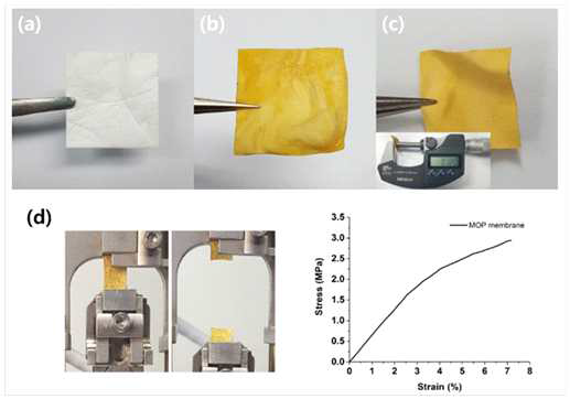 Photographs of (a) the electrospun PVP membrane, (b) the PVP@MOP membrane, and (c) the MOP membrane (The thickness of the MOP membrane was about 100 μm). (d) The MOP membrane specimen for the tensile test, and the stress-strain curve