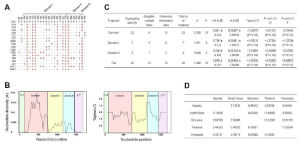 우간다 삼일열원충 AMA-1의 유전적 변이 분석. (A)우간다 AMA-1의 아미노산 변이, (B)우간다 삼일열원충 AMA-1의 nucleotide diversity와 Tajima's D 값 분석, (C)우간다 AMA-1의 유전적 변이 및 자연선택 분석