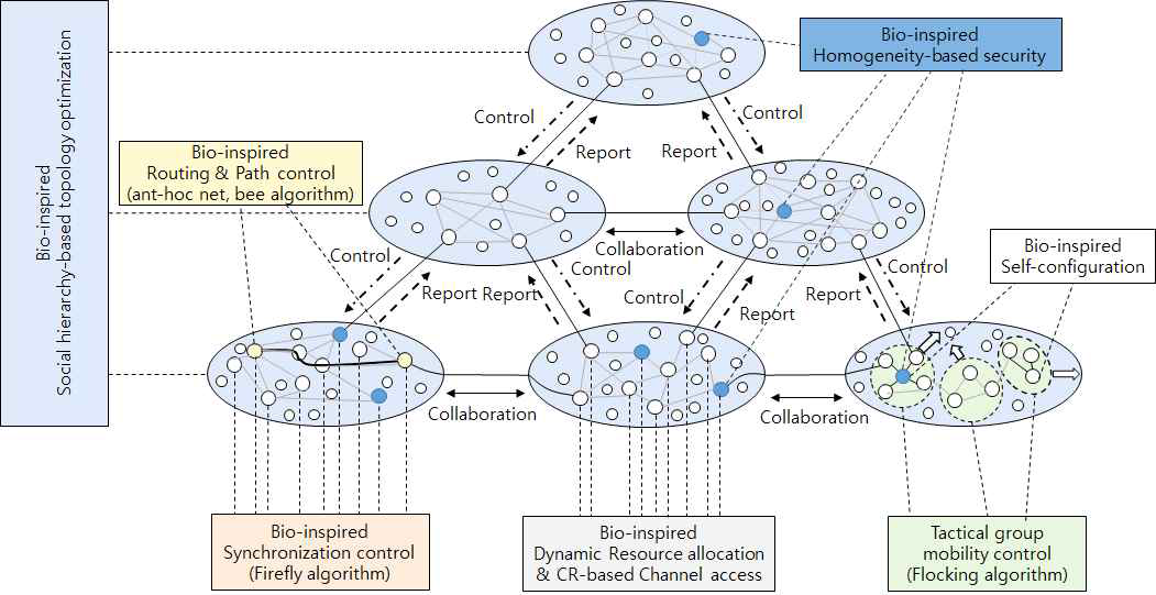 Bio-inspired 네트워킹 기술 기반 자율기동 전술네트워크의 개념도