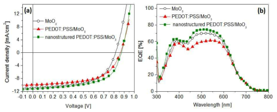 (a) 상부 전하 수송층 상에 나노격자가 도입된 유기태양전지의 전류밀도-전압 곡선 및 (b) 외부양자효율 스펙트럼