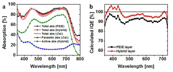 (a) 광학 시뮬레이션을 이용한 실제 태양전지의 광흡수 계산 (b) 광학 시뮬레이션을 통해 계산된 실제 태양전지의 내부양자효율