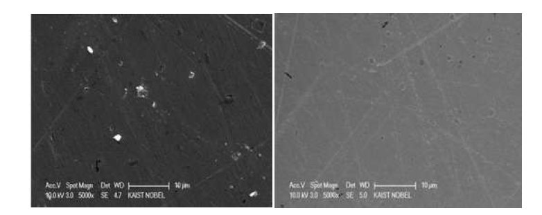 CuCrZr 시료의 polishing 전(왼쪽)과 후(오른쪽)의 SEM 이미지 측정결과
