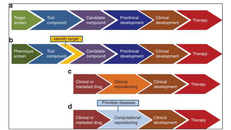 전통적인 약물 개발 과정과 신약 재창출 기반의 약물 개발 과정