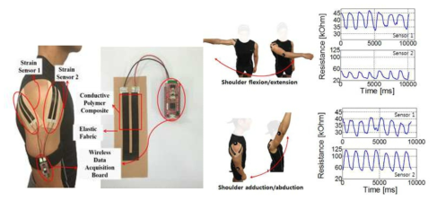 어깨의 다축 회전을 측정하기 위한 피부 부착형 변위 센서 시스템(좌), 제안된 착용형 동작 인식 시스템을 이용하여 어깨 굴신 운동과 내외 운동을 인식한 결과(우)