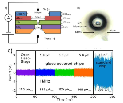 나노포어 칩에 Glass를 얹은 구조를 사용했을 때의 노이즈 감소 효과