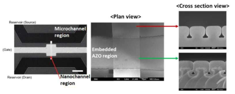 제작된 나노채널 소자의 광학 이미지 및 나노채널 영역에서의 SEM 이미지