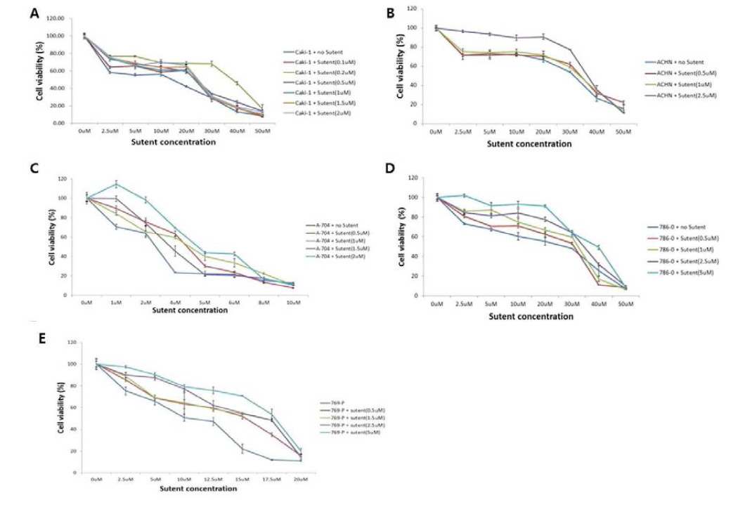 TKI-저항성 신장암 세포주 수립. 신장암세포주 Caki-1(A), ACHN(B), A-704(C), 786-O(D), 769-P(E)의 배양액에 다양한 농도의 Sutent를 첨가하여 6개월 이상 배양한 결과 고동도의 Sutent에도 생존하는 TKI-저항성 신장암세포주가 수립됨을 확인함