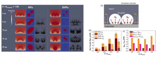 3D 수치해석 분석을 통해 예측한 발수 (HPo)와 초발수 (SHPo) 표면 위 미세 액적의 동적 거동 및 각 계면에서 통과되는 열전달율