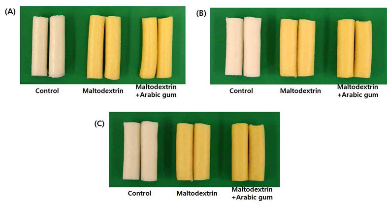 제조한 가래떡의 외관. (A) 제조직 후 (B) 4℃에서 하루저장 (C) 25℃에서 하루저장