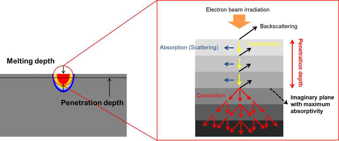 대면적 전자빔의 가속전자 산란(Scattering), 후방산란(Backscattering) 및 투과(Transmission)을 고려한 에너지 전달 메커니즘, 전자 침투깊이 및 전도에 의한 열전달 메커니즘 및 가상 흡수계면 (Virtual absorption layer)의 가정을 통한 깊이에 따른 전자빔-소재의 상호작용