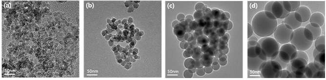 HR-TEM image of (a) 10nm; (b) 25nm; (c) 50nm; (d) 100nm silica nanoparticles