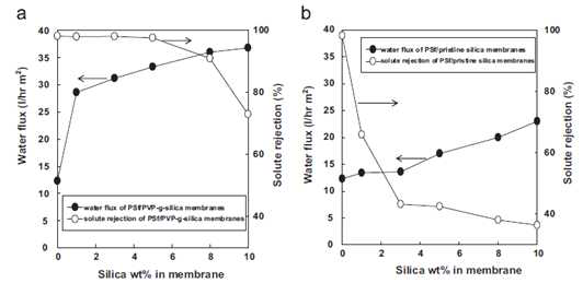 Change in the water flux and solute rejection of membranes as a function of PVP-g-silica (or silica) content; (a) PSf/PVP-g-silica membranes and (b) PSf/silica membranes